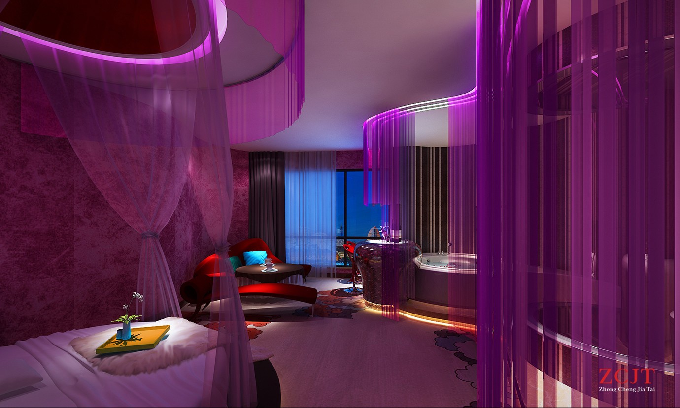 酒店室内空间装修、圆形浴缸、大型圆床
